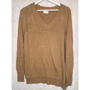 Old Navy Women's V Neck Long Sleeve Sweater Tan M High Low Wide Band Loose
